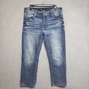 BKE Jeans Mens 34x27 Jake Blue Stretch Denim Whiskered Western Cowboy Hemmed